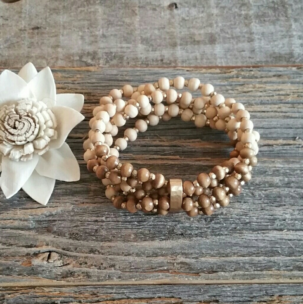 Ivory & Brown Multi Wood Bead Stretch Bracelet